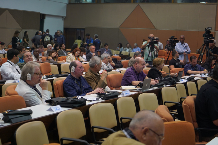 Journalists and industry professionals listen during the press conference held at Palacio de las Convenciones during the XVIII Habanos Festival